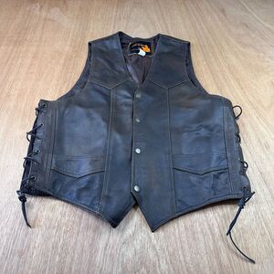 Perfect Biker Leather Motorcycle Vest Black Snap Front Lace Sides Mens M